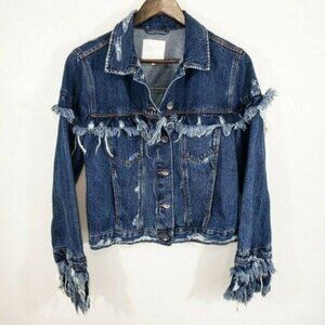 Zara Women's Denim Fringe Jean Jacket size Large